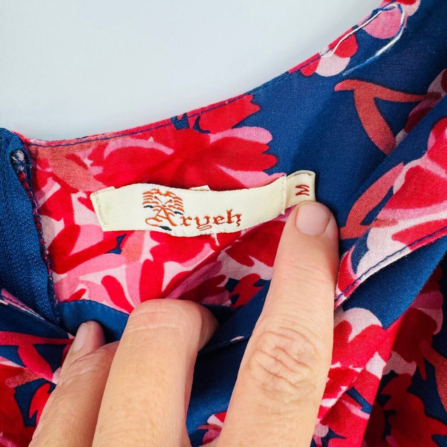 Aryeh Tropical Floral A-Line Cotton Sundress‎ Red Navy Back Zip Size M Medium