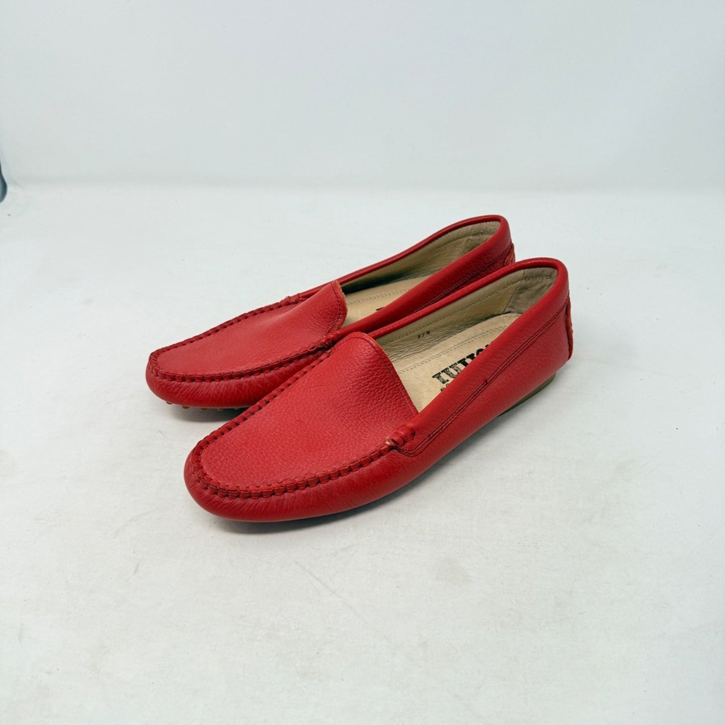 Celini Red Pebbled Leather Driving Loafers Slip On Moc Toe Shoes EU 37.5
