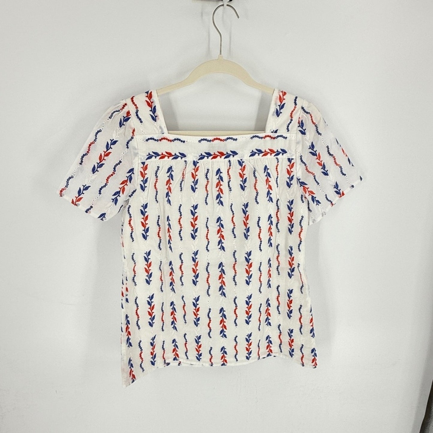 Talbots Americana Eyelet Square Neck Embroidered Cotton Top Blouse Size S Small