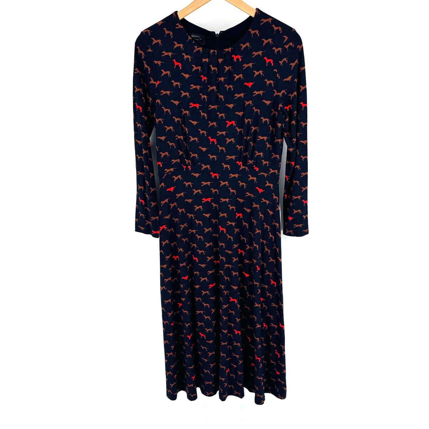 Hobbs London Sian Jersey Dress Dog Print Navy Blue Long Sleeve Casual Size 6