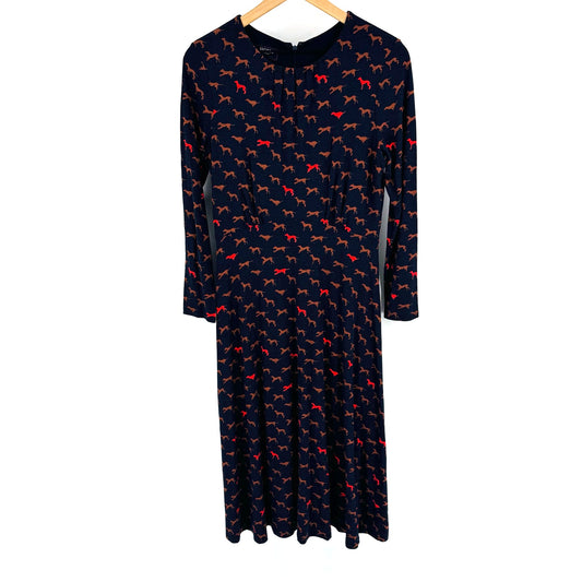 Hobbs London Sian Jersey Dress Dog Print Navy Blue Long Sleeve Casual Size 6