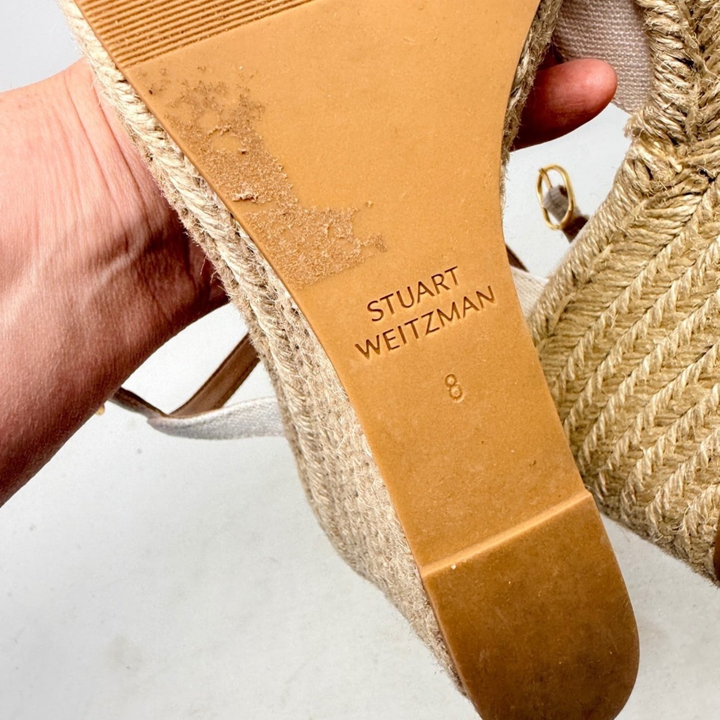 Stuart Weitzman Canvas Espadrille Wedge Ankle Strap Sandals Ivory Heels Size 8