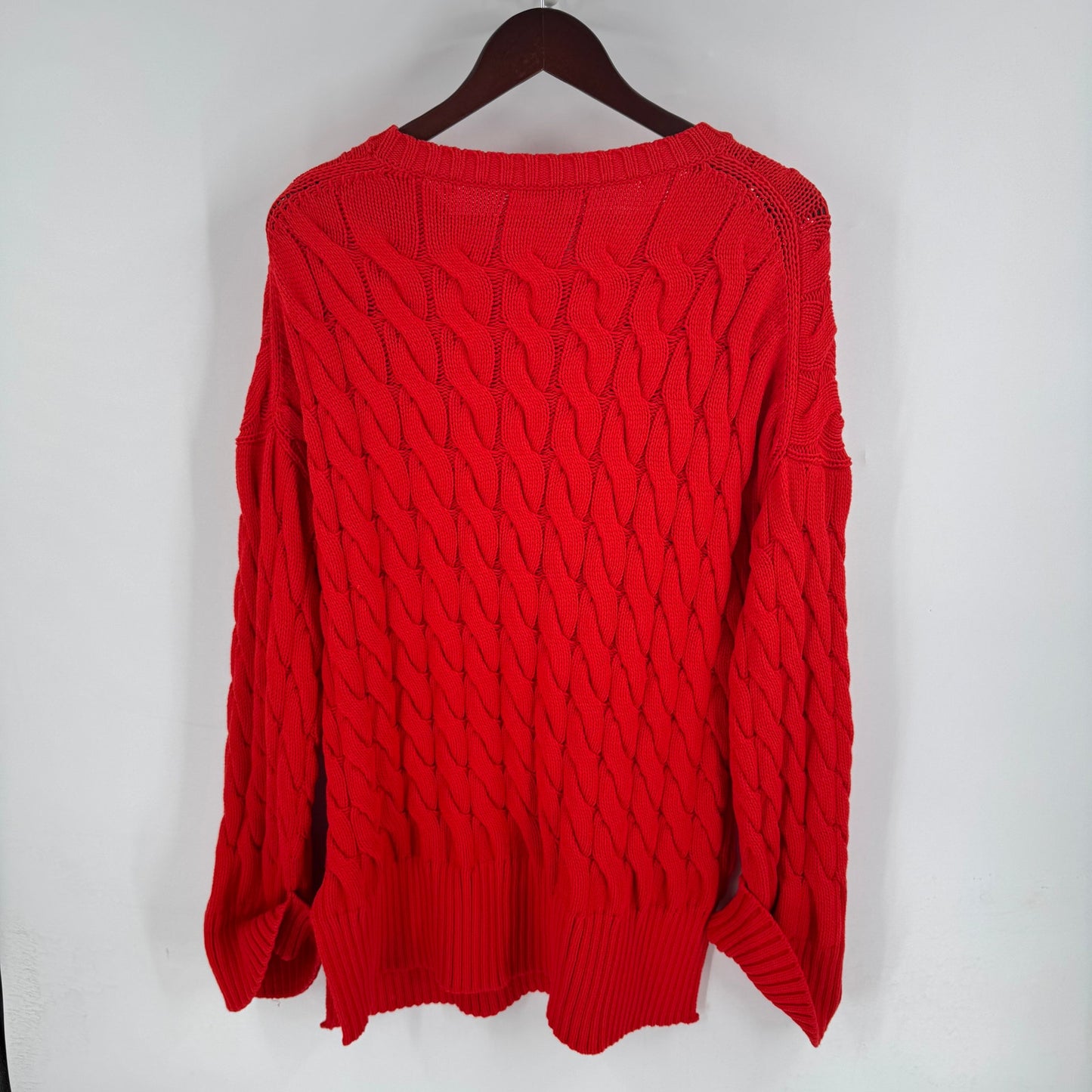 J.Crew Red Cotton Cable Knit Heavy Sweater Size L-XL Side Slit Crewneck Classic