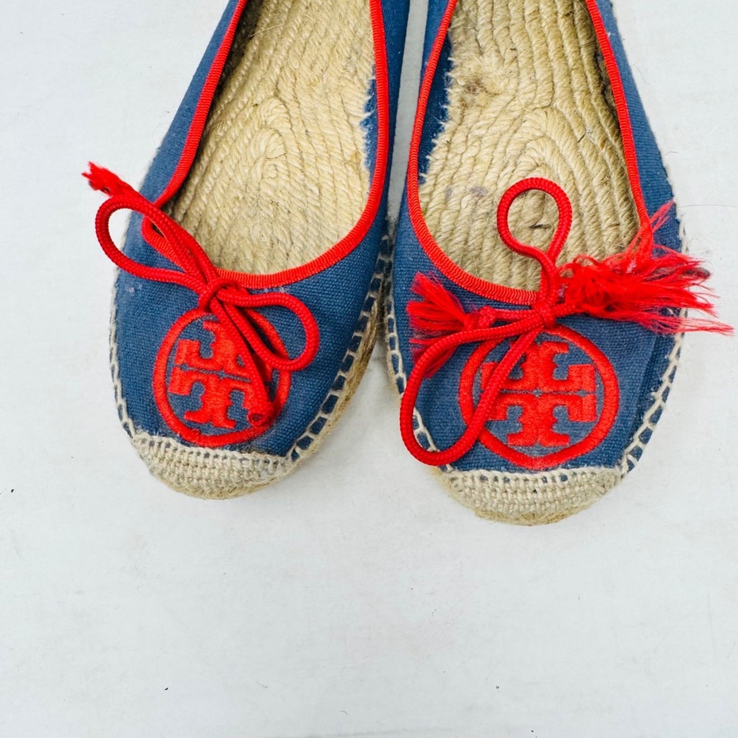 Tory Burch Canvas Espadrille Ballet Flats Bow Tassel Blue Red Slip On Size 8