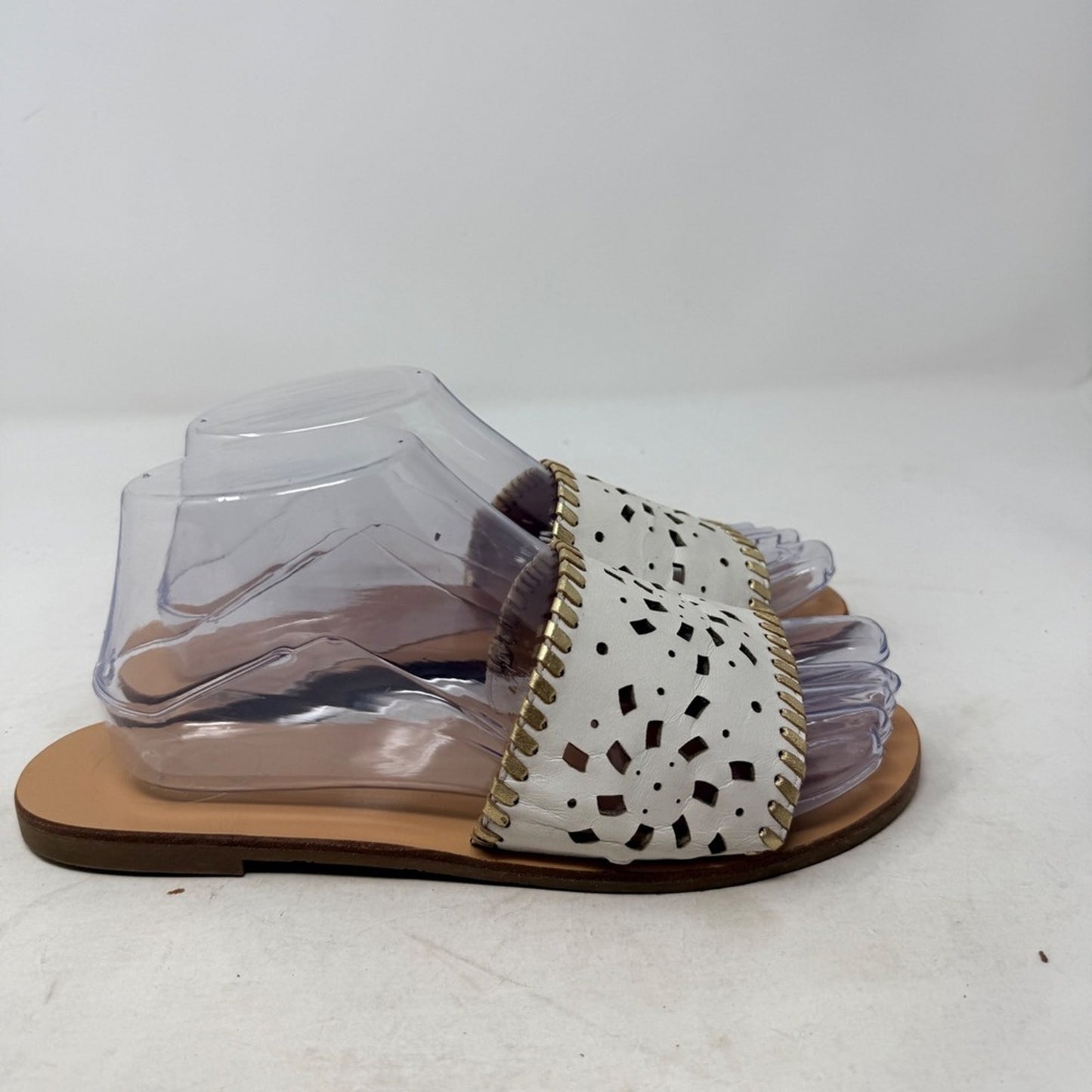 Jack Rogers Slip On Sandals White Gold Whipstitch Flats Size 8 Preppy‎ Coastal