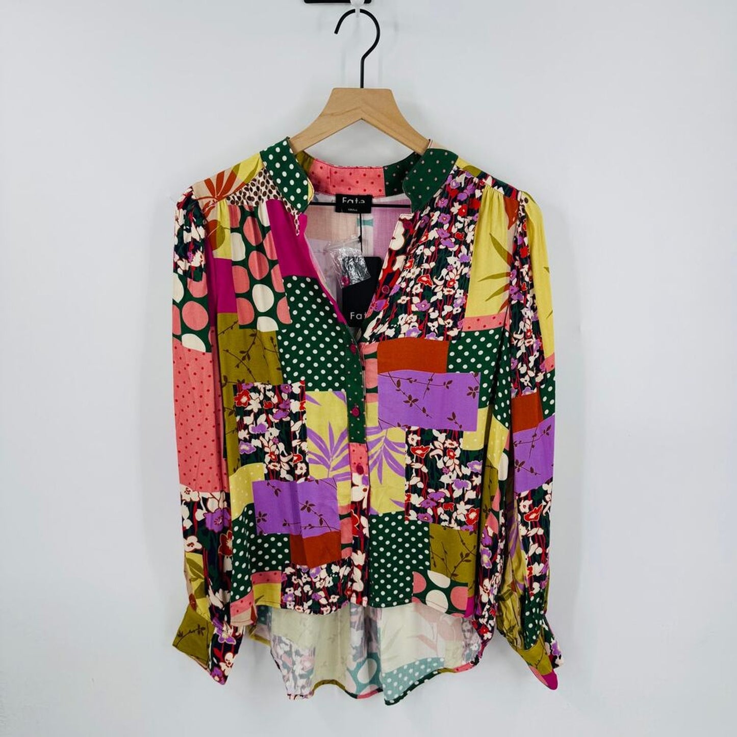 Fate Patchwork Print Button‎ Front Blouse NWT Women’s Small Colorful Boho Top