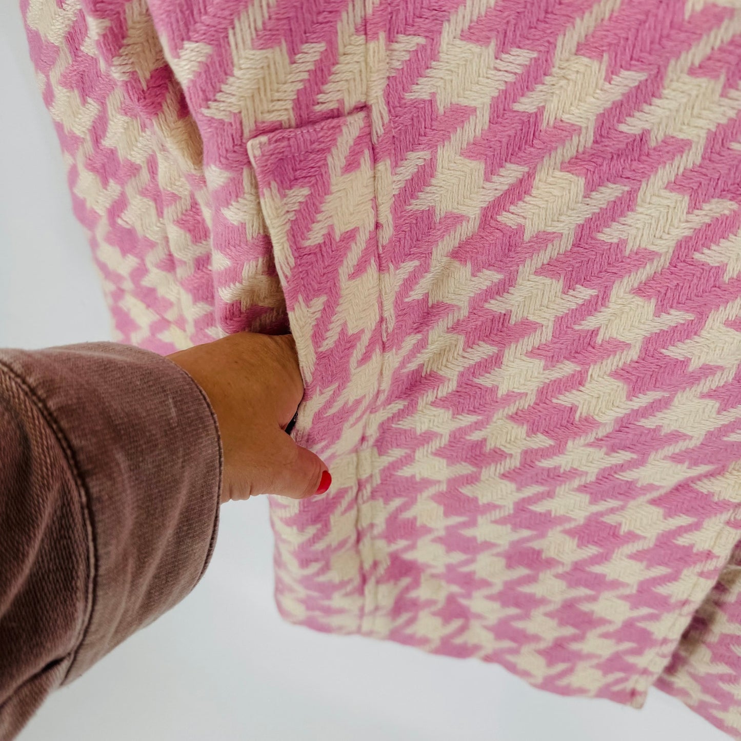 Coffee Shop Pink Cream Houndstooth Wool Blend Coat Off Center Buttons Size XL