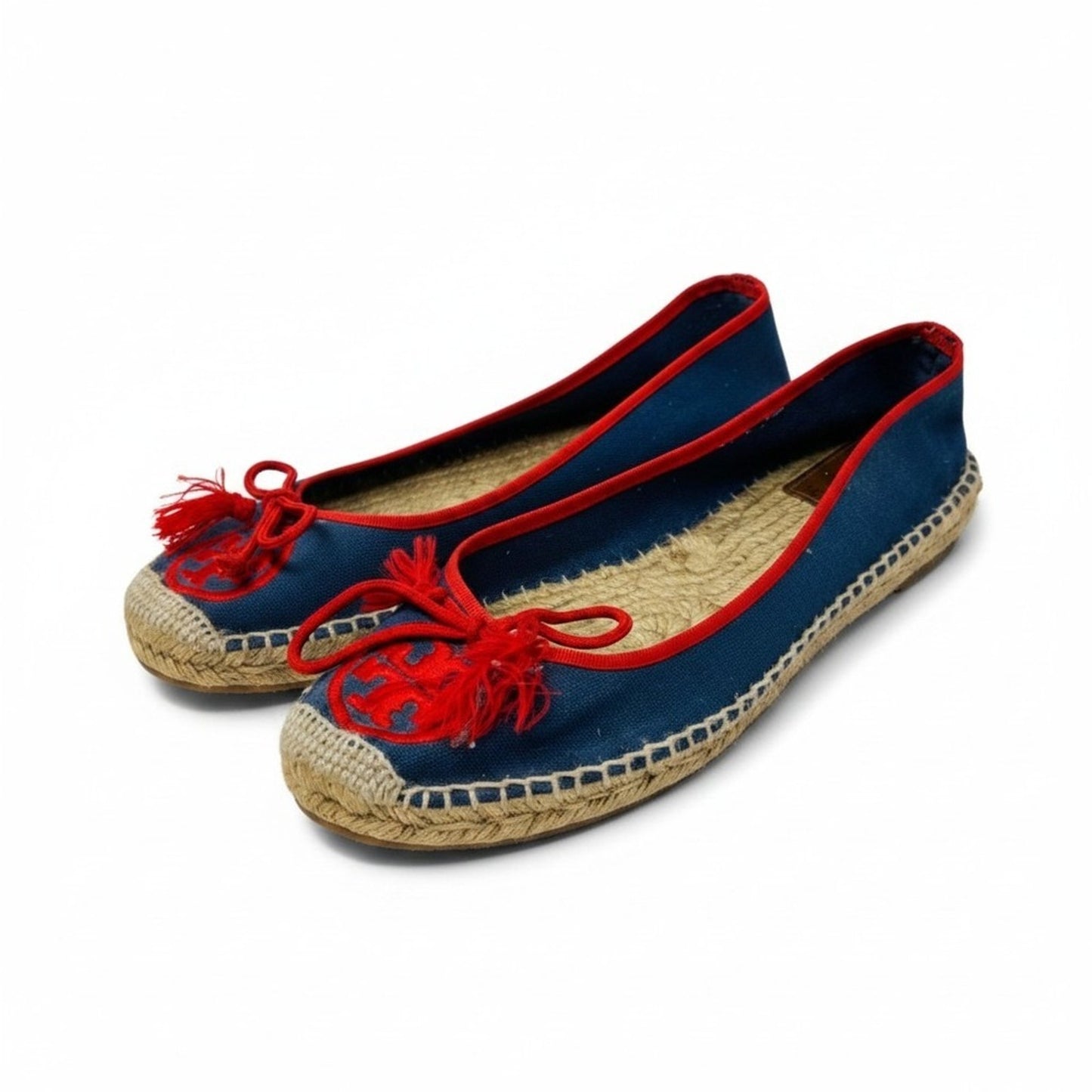 Tory Burch Canvas Espadrille Ballet Flats Bow Tassel Blue Red Slip On Size 8