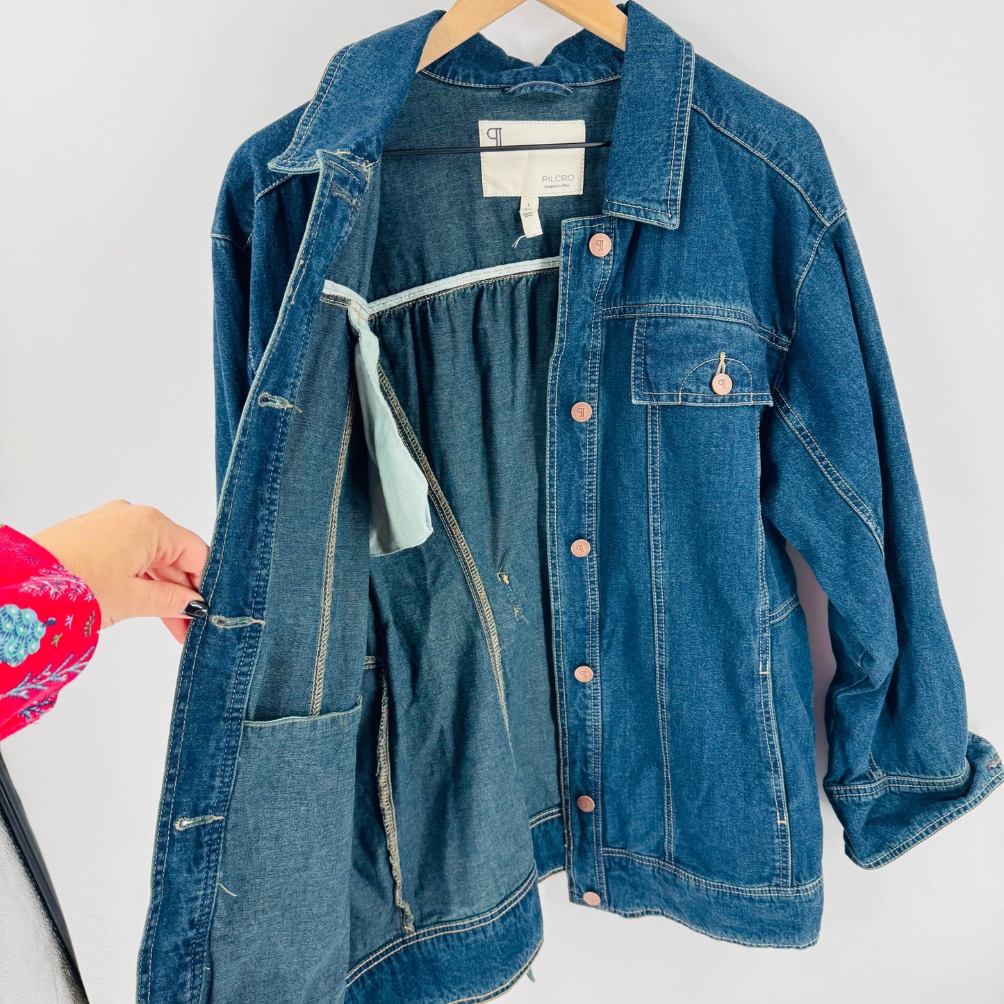 Pilcro Longline Denim Jacket Belted Waist Dark Blue Cotton Linen Blend Size L