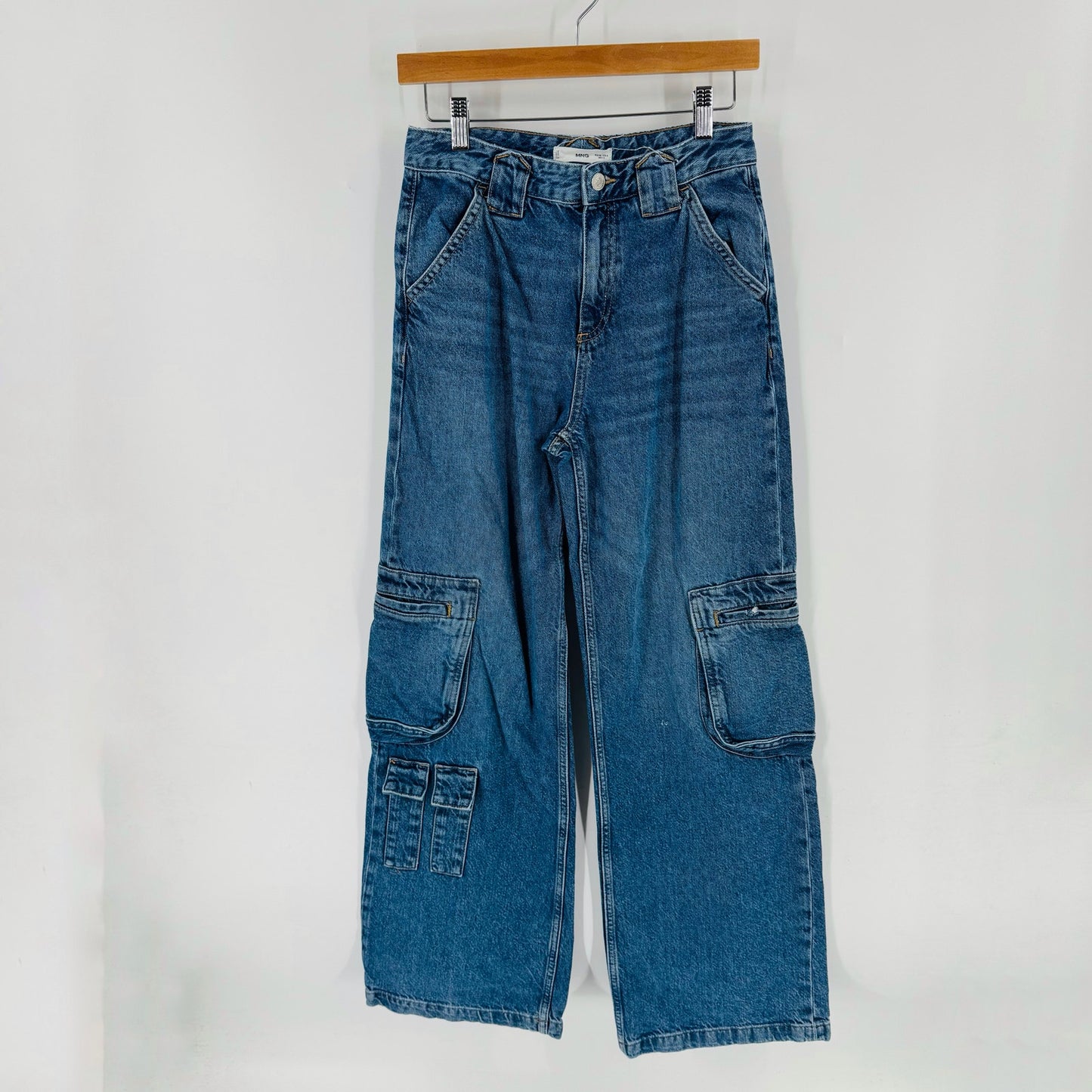 MNG Mango Denim Cargo Jeans Women’s Size 4 Wide Leg Utility Carpenter Style
