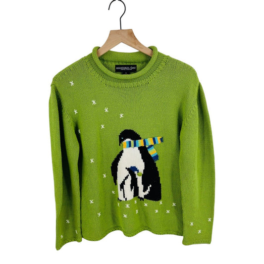 Vintage Monterey Bay Penguin Knit Sweater Green Crewneck Holiday Novelty Small