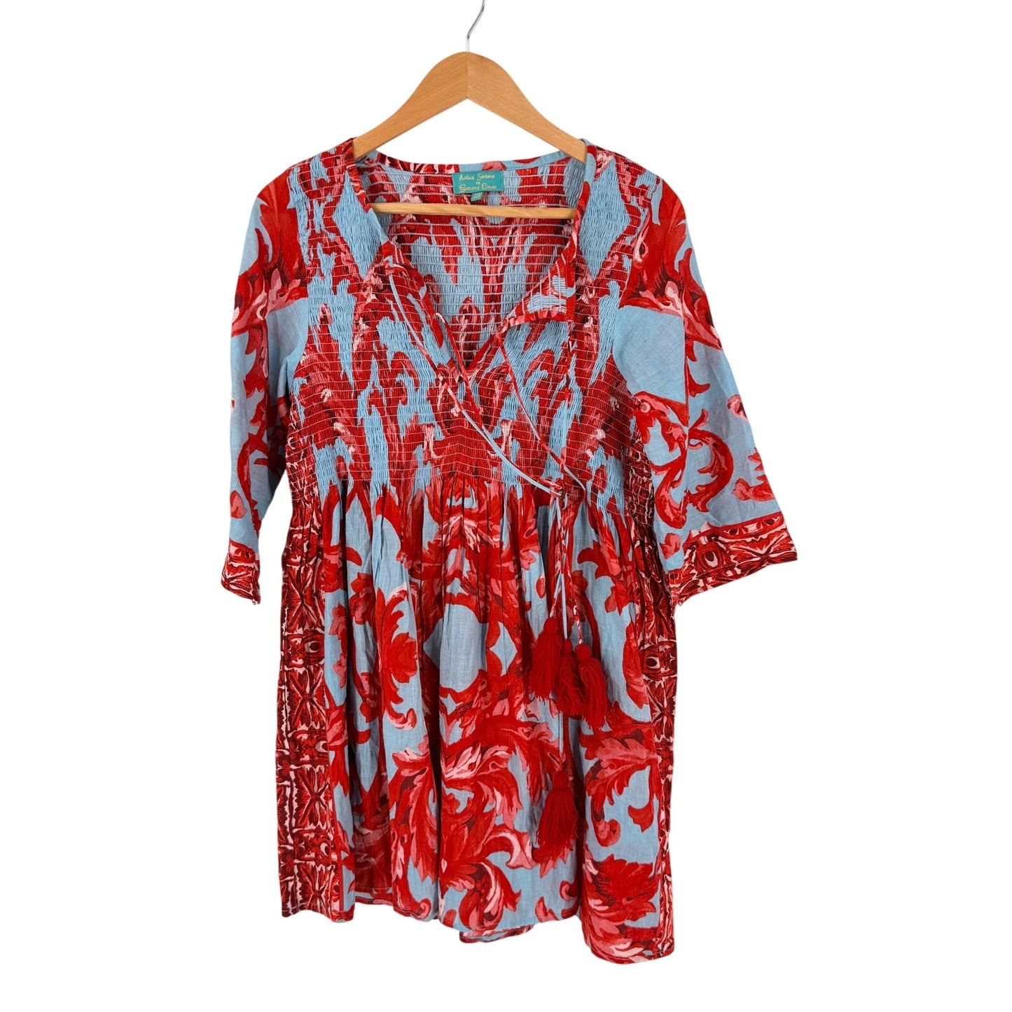 Antica Sartoria Cotton Beach Cover Up Red Blue One Size Smocked Tassel