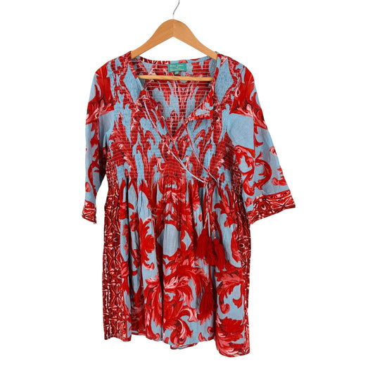 Antica Sartoria Cotton Beach Cover Up Red Blue One Size Smocked Tassel