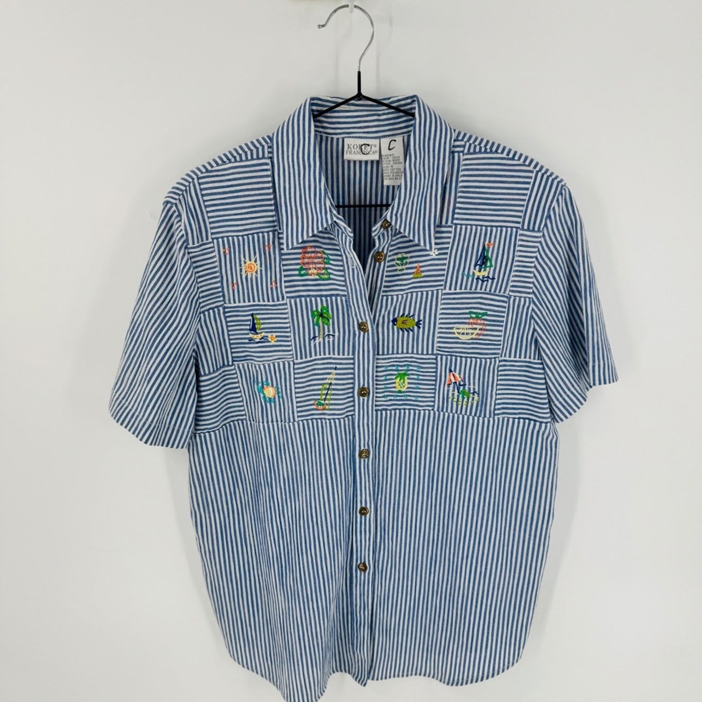 Vintage Embroidered Beach Scenes Button Down Shirt Blue Striped S Tropical