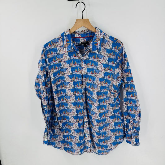 Talbots Blue Mediterranean Coastal Village Cotton Shirt Size 1X‎ Architectural