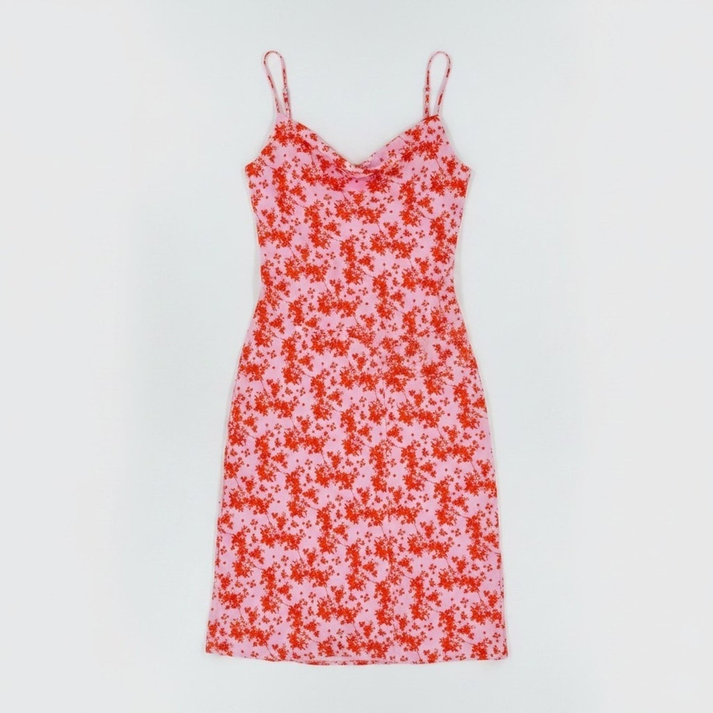 All In Favor Midi Dress Slip Cowl Neck Floral Pink Red Spaghetti Strap Size S