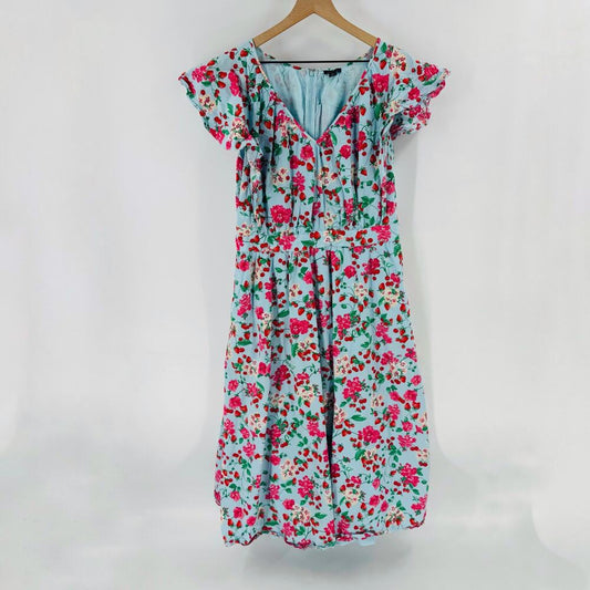 Ann Taylor Strawberry Floral Midi Dress Pockets Blue‎ Summer Cottagecore 14T