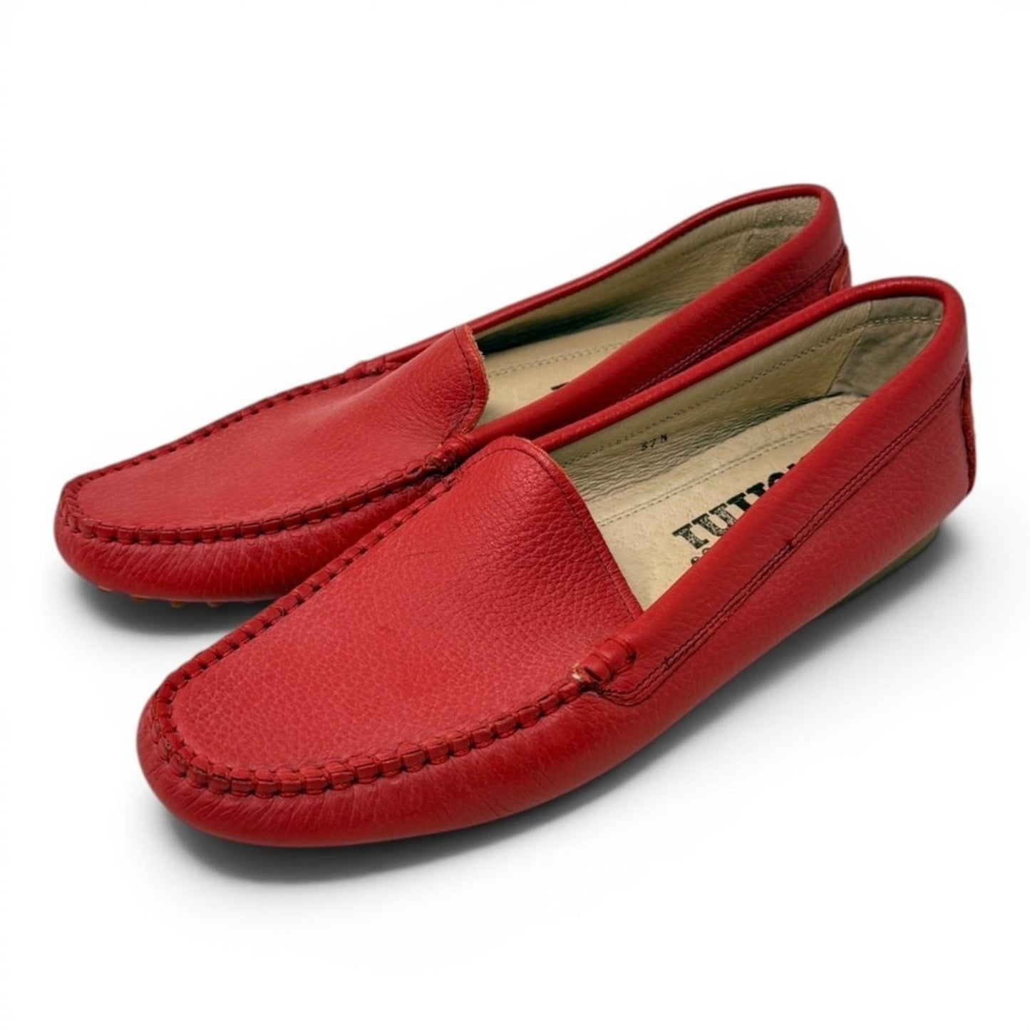 Celini Red Pebbled Leather Driving Loafers Slip On Moc Toe Shoes EU 37.5