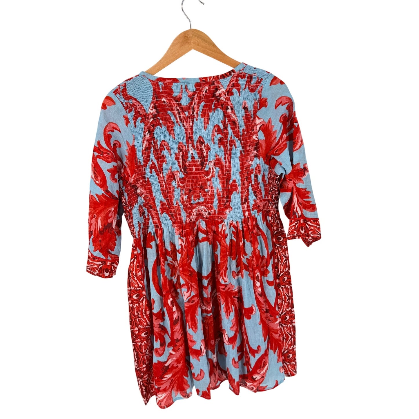 Antica Sartoria Cotton Beach Cover Up Red Blue One Size Smocked Tassel