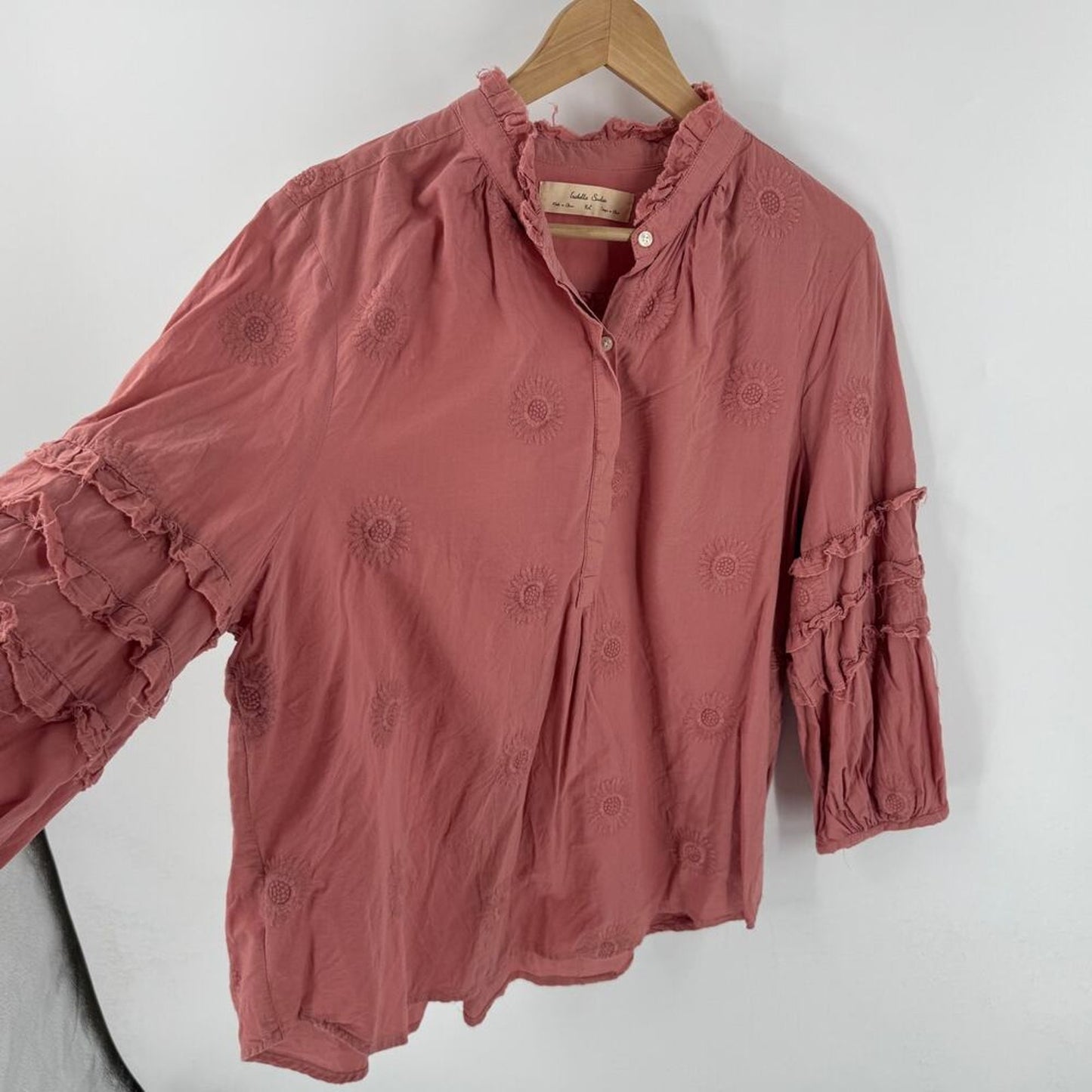 Anthropologie Isabella Sinclair Pink Mauve Ruffle Boho Cottage Sleeves Blouse XL