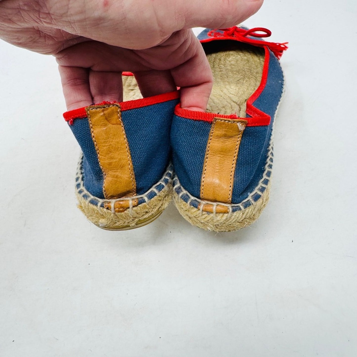 Tory Burch Canvas Espadrille Ballet Flats Bow Tassel Blue Red Slip On Size 8
