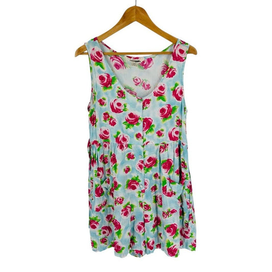 Vintage Express‎ Bold Floral Romper Blue Pink Sleeveless Button Down Size 9/10