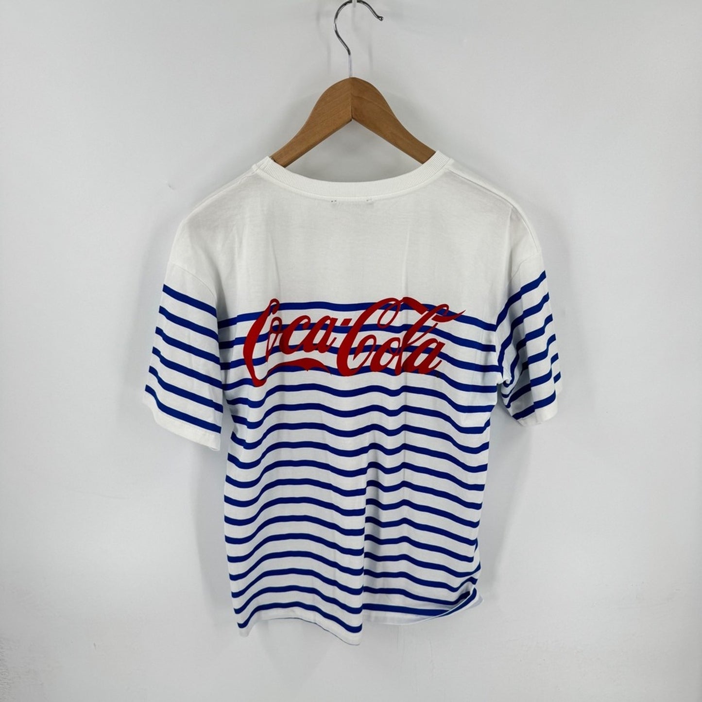 Zara Coca-Cola Striped T-Shirt White Blue Medium Retro Graphic Tee Short Sleeve