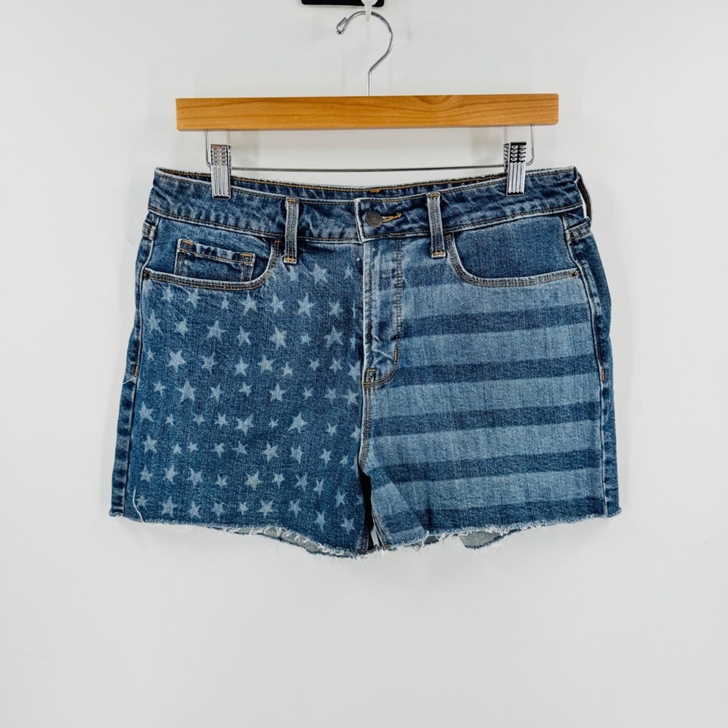 Old Navy Denim Shorts Size 10 Americana Stars Stripes High Rise Raw Hem USA 250