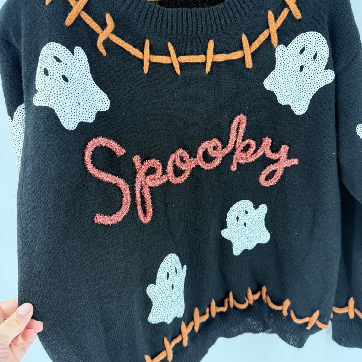 Boutique Bibi Ghost Sequin Sweater Black XL Halloween Spooky Festive Novelty