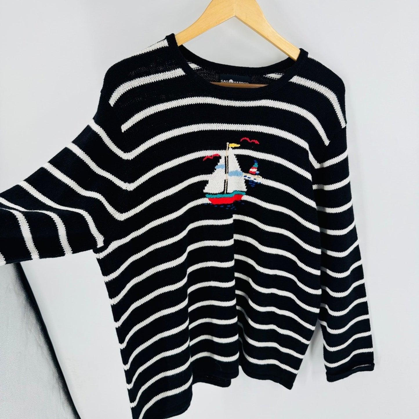 Vintage Embroidered Striped Sailboat Sweater Black Size 1X‎ Nautical Coastal