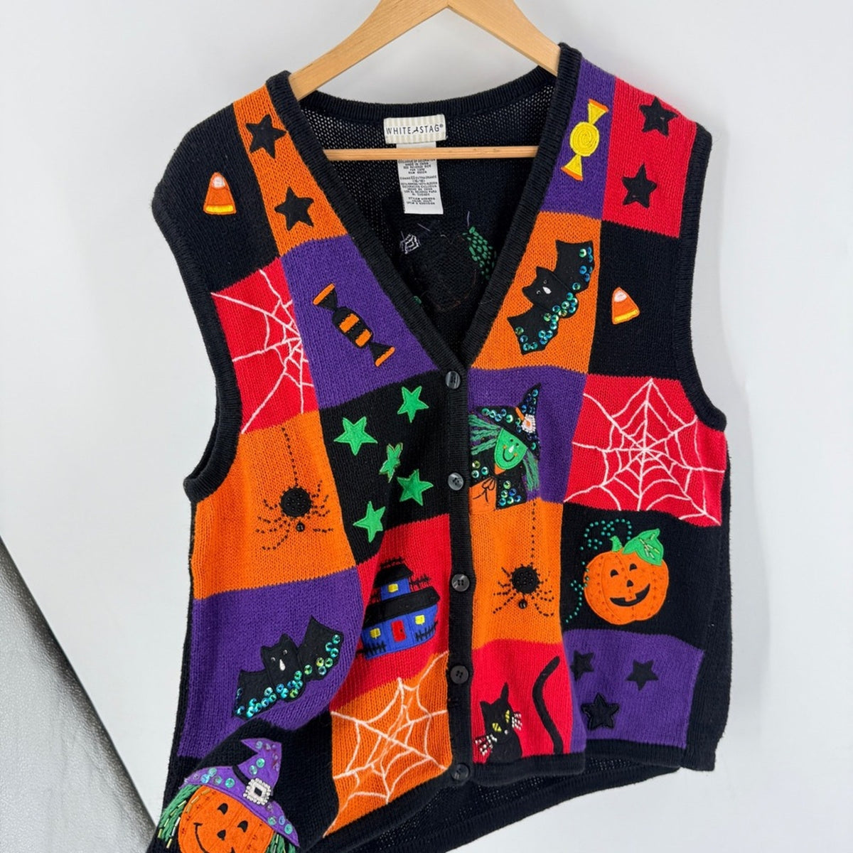 Vintage 90s White Stag Halloween Sweater Vest XL Spooky Kitschy Patchwork Witchy