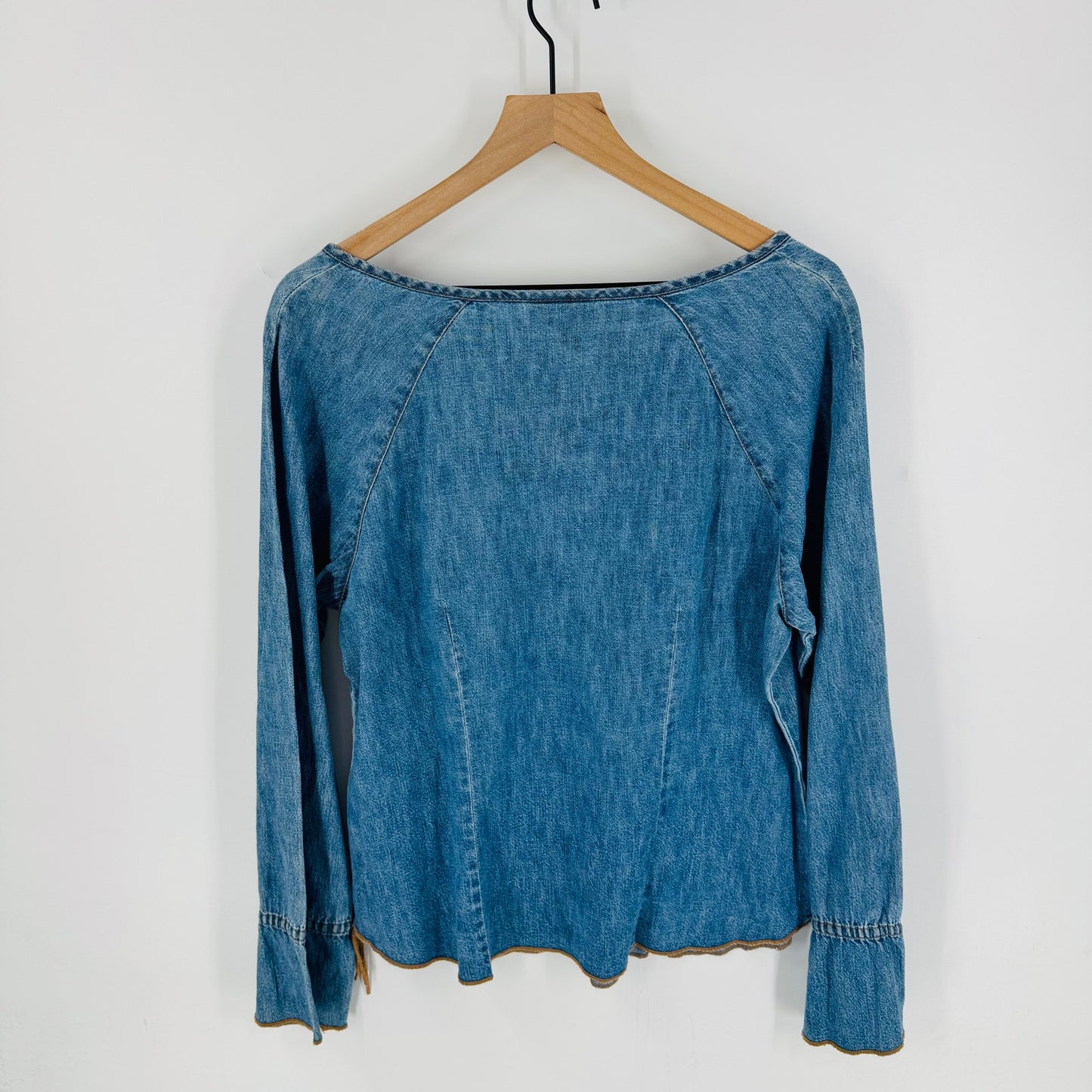 French Kuff Vintage Denim Lace-Up Peasant Top Long Sleeve Boho Size Large