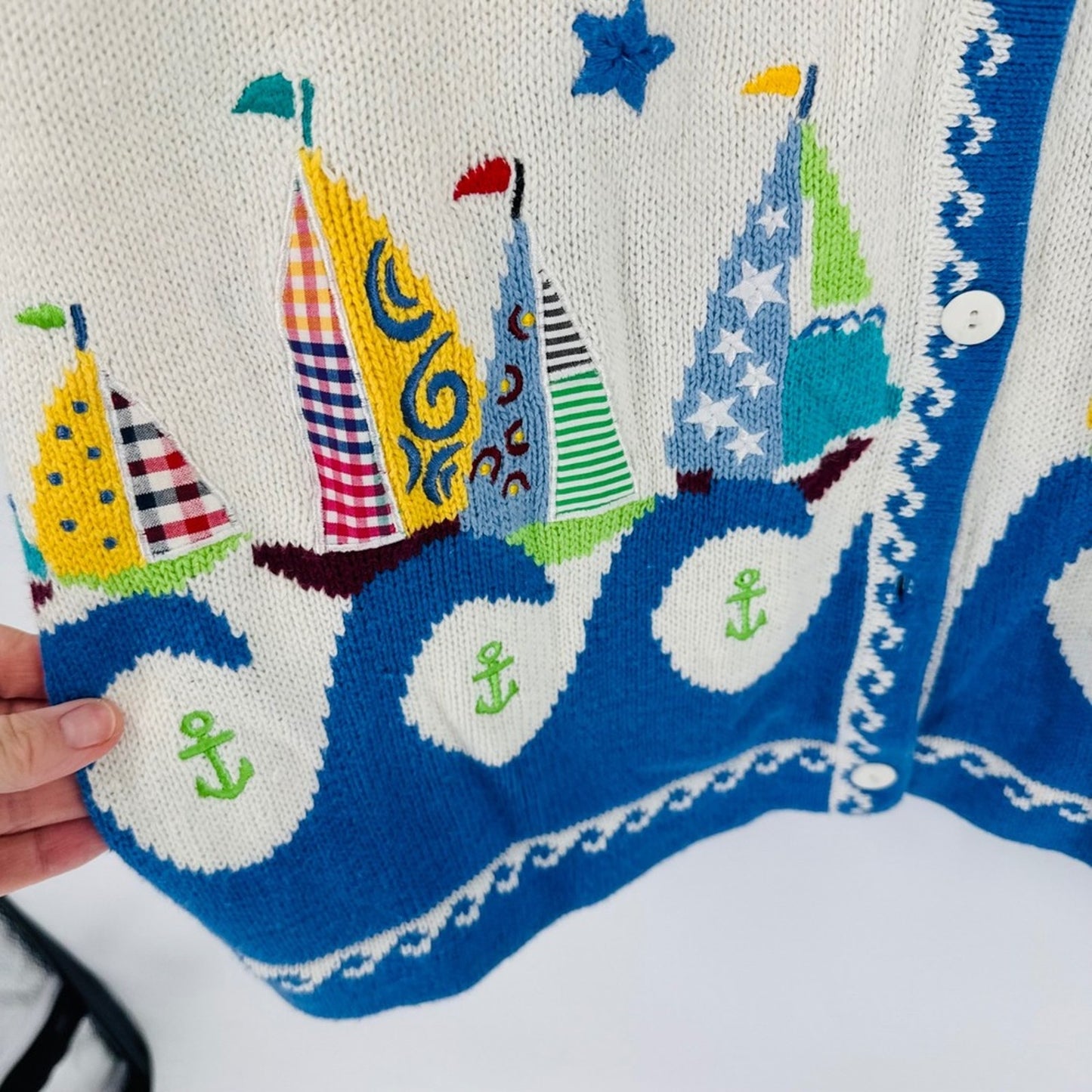 Vintage Sailboat Nautical Cardigan Sweater Novelty Whimsical Size 1X Coastal