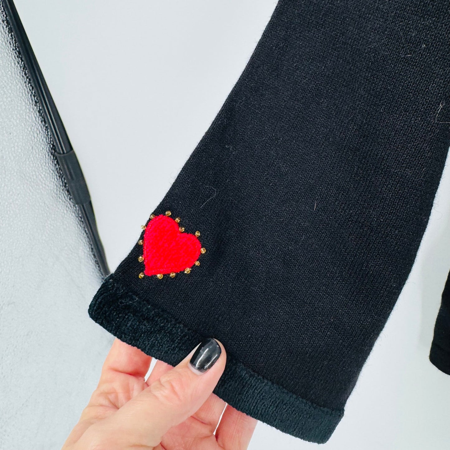 Vintage Jack B Quick Embellished Cardigan Heart Zip Black Red Sweater Size M
