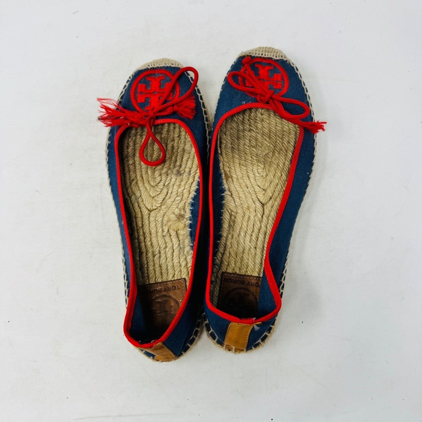 Tory Burch Canvas Espadrille Ballet Flats Bow Tassel Blue Red Slip On Size 8