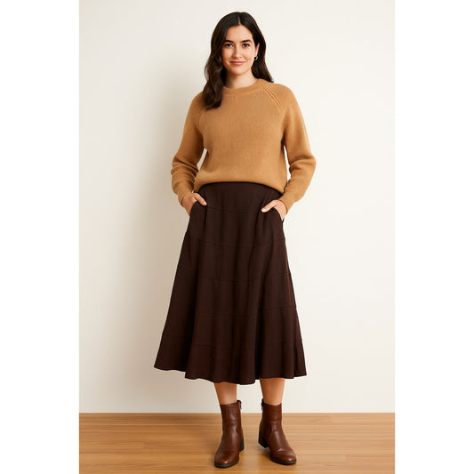 Vintage Style & Co 100% Linen Brown Tiered A-Line Midi Skirt Size 12P Petite