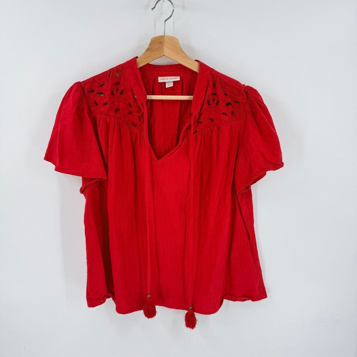Knox Rose Embroidered Tassel Top Red Medium Boho Coastal Americana