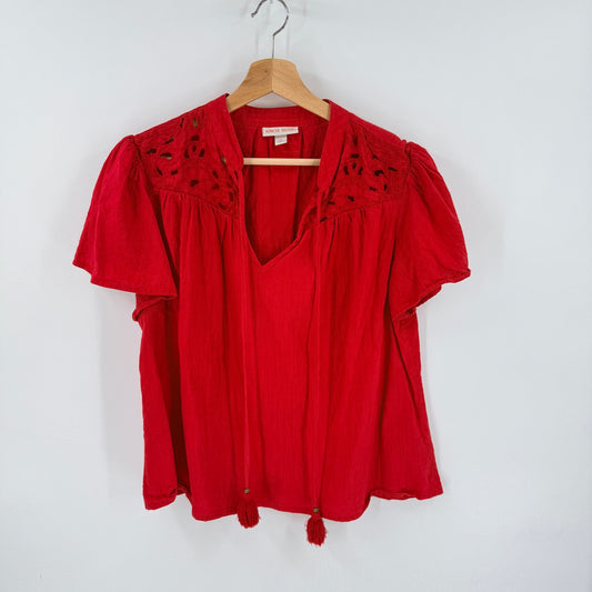 Knox Rose Embroidered Tassel Top Red Medium Boho Coastal Americana