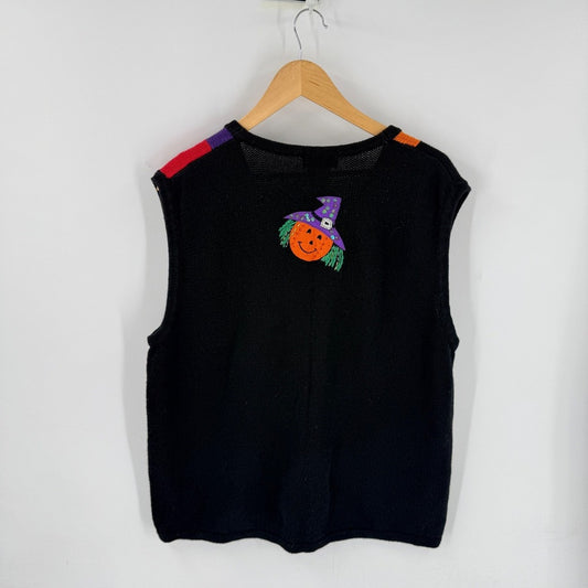 Vintage 90s White Stag Halloween Sweater Vest XL Spooky Kitschy Patchwork Witchy