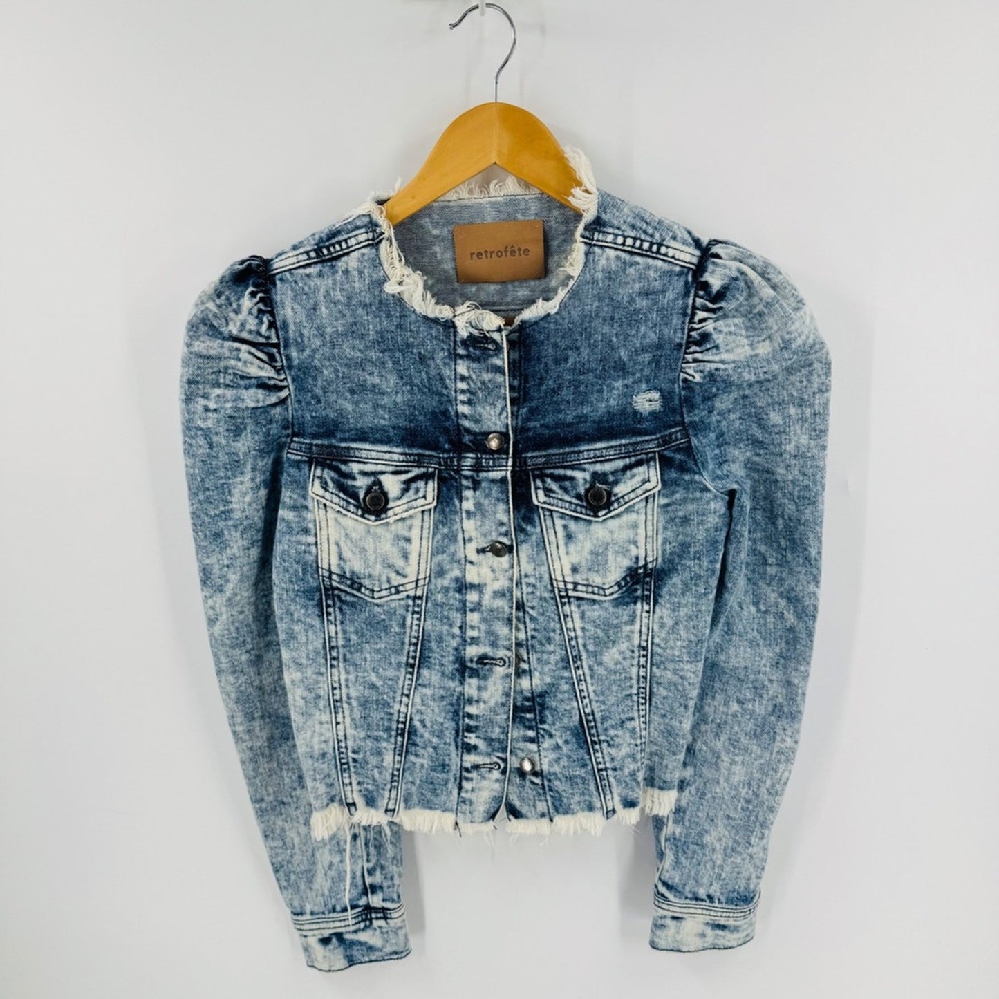 Retrofête Acid Wash Denim Jacket Puff Sleeve Frayed Collar Cuff Cropped Size S