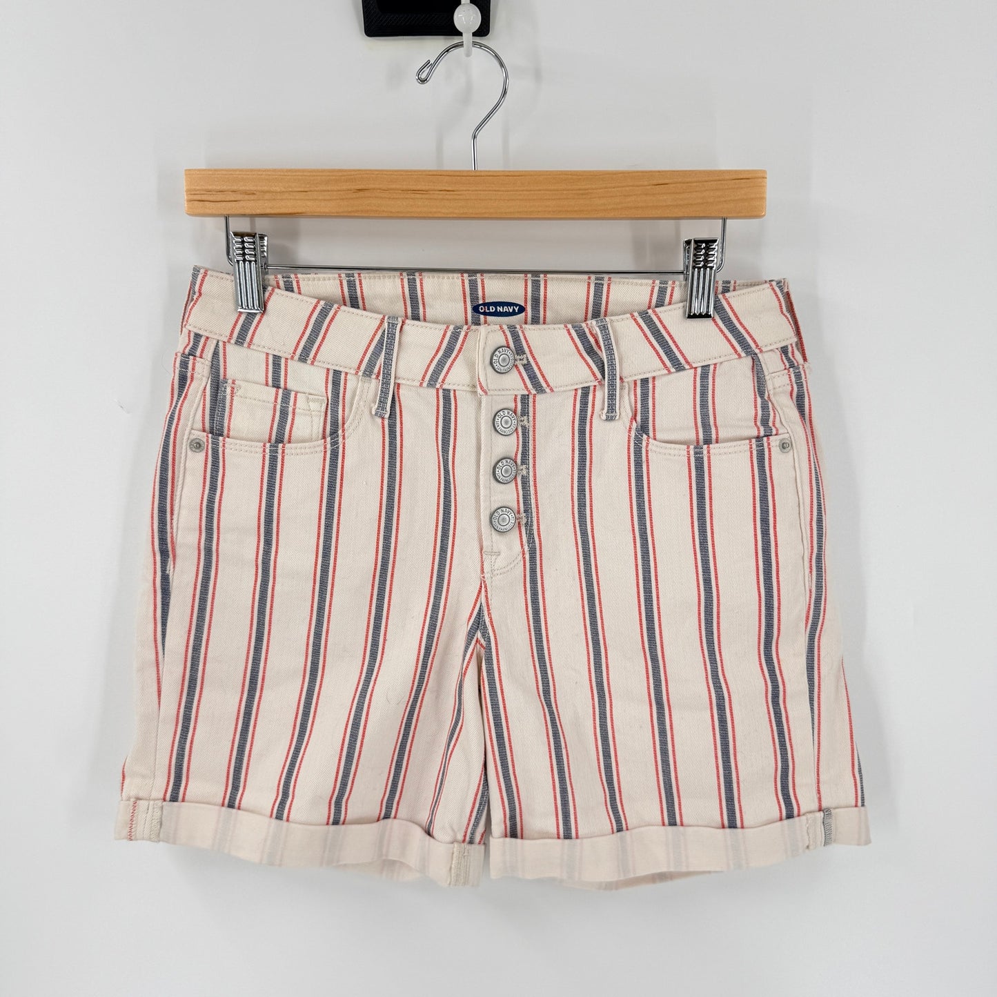 Old Navy Striped Shorts Cream Red Blue Size 6 Button Fly Coastal Americana