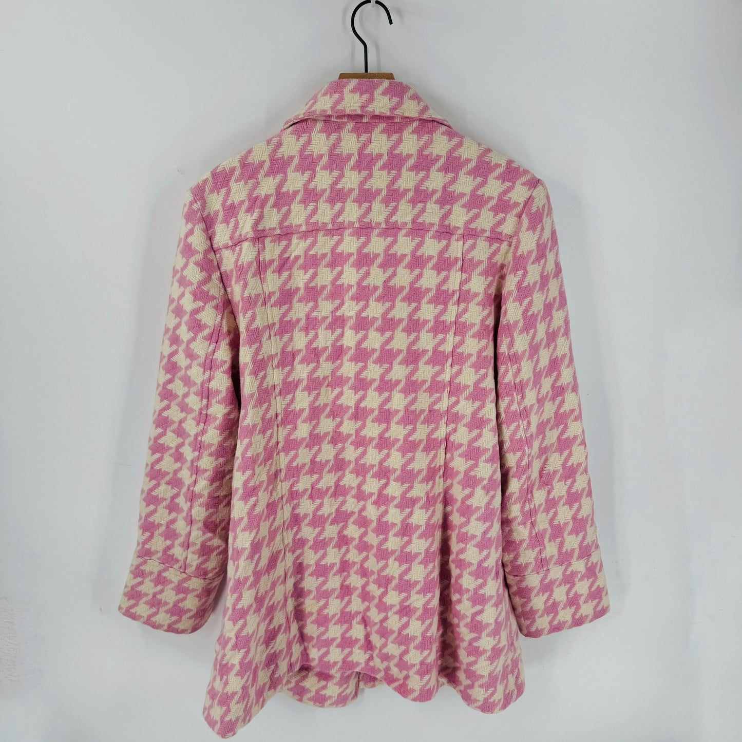 Coffee Shop Pink Cream Houndstooth Wool Blend Coat Off Center Buttons Size XL