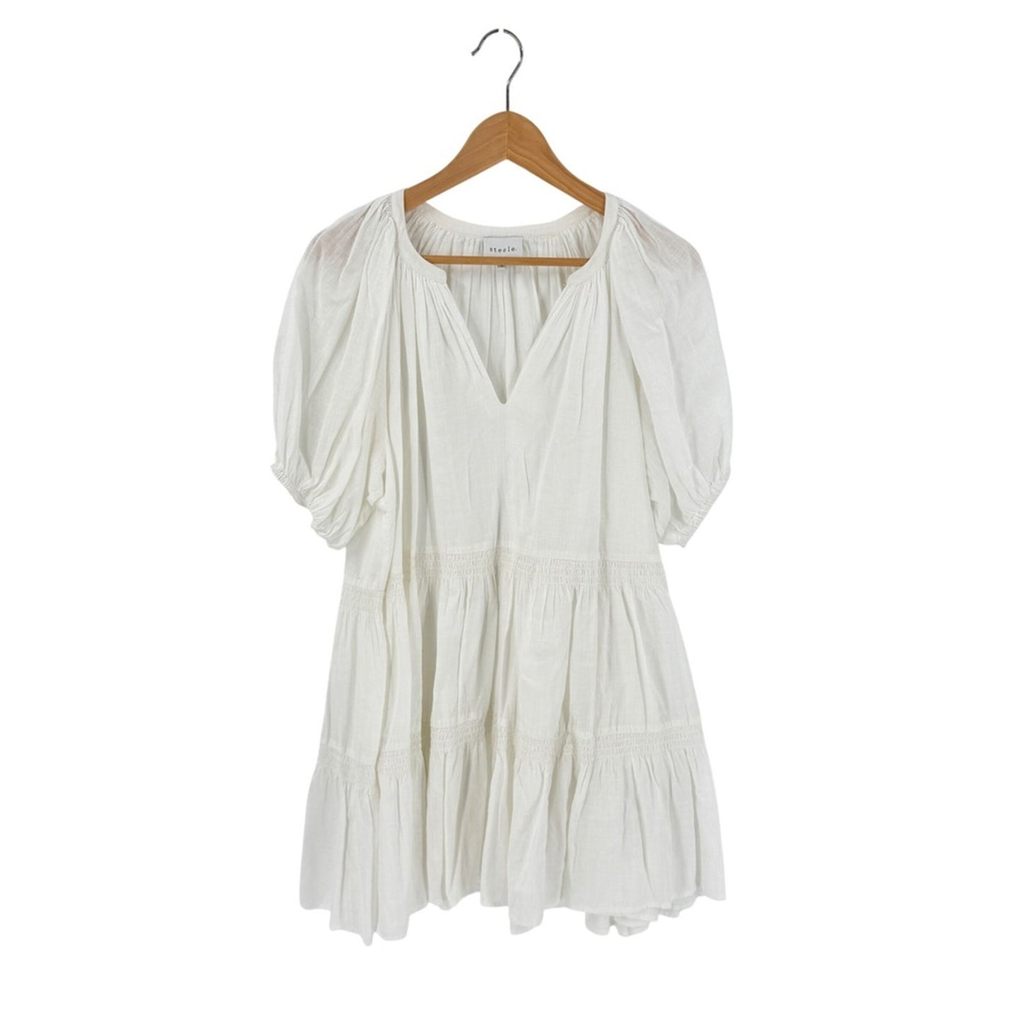 Anthropologie Steele Tiered White Mini Dress Medium Puff Sleeve Smocked Prairie