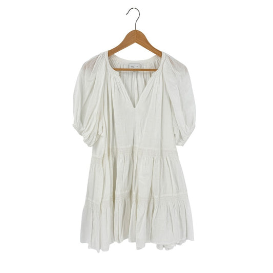 Anthropologie Steele Tiered White Mini Dress Medium Puff Sleeve Smocked Prairie