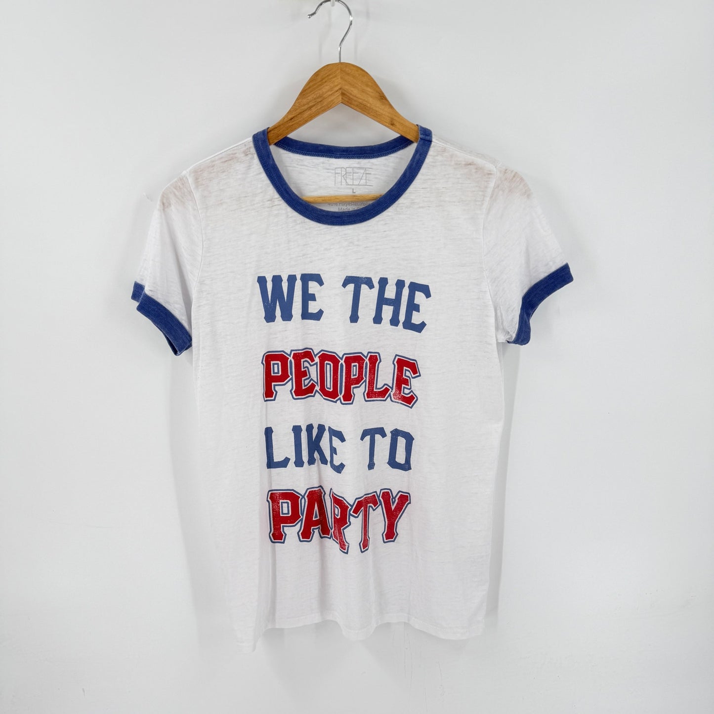 Freeze We The People Like To Party Ringer Tee White Blue Size Large Americana