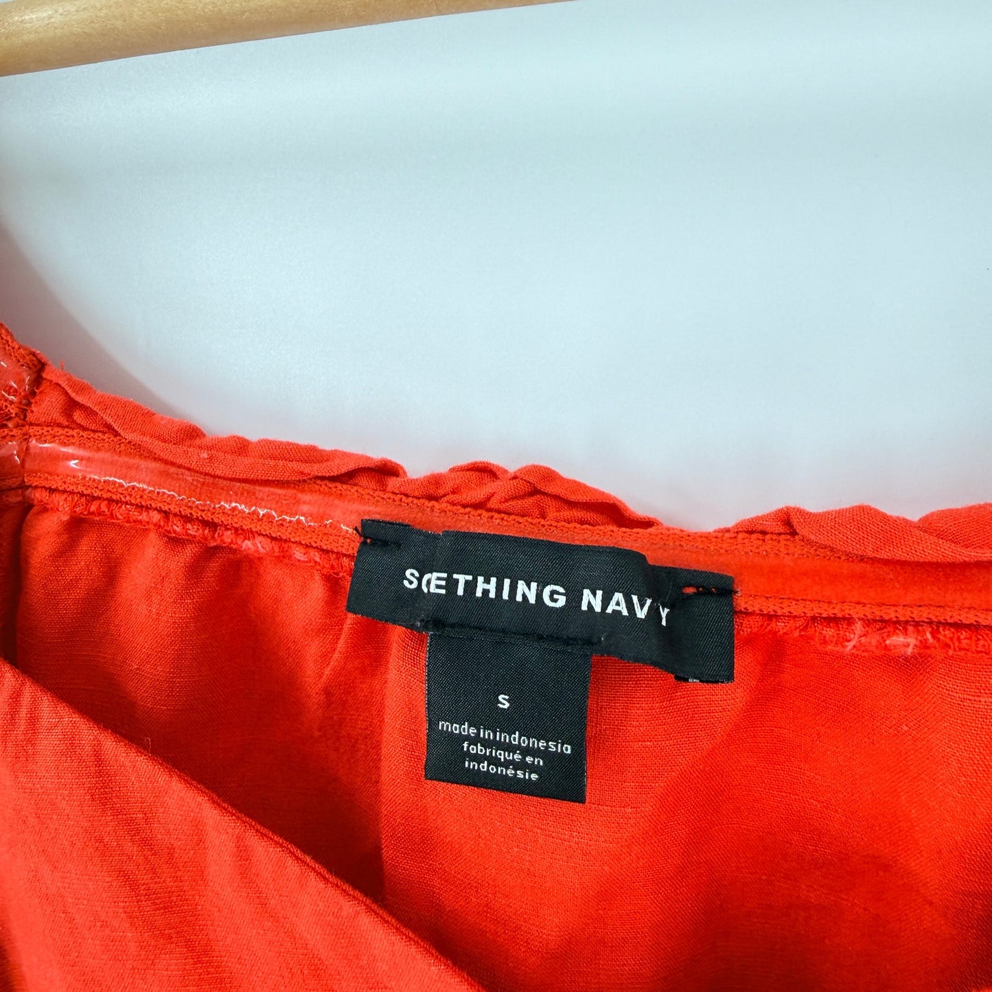 Something Navy Linen Blend Puff Sleeve Top Red Small Coastal Americana