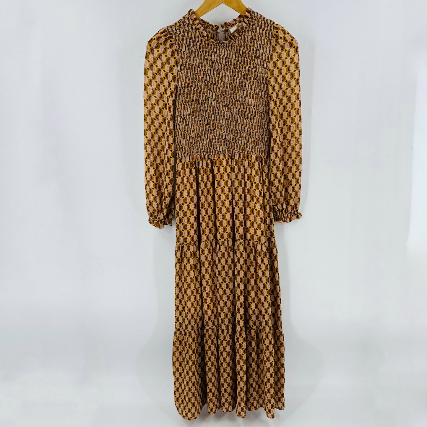 Melloday Smocked Long Sleeve Maxi Dress Retro Geometric Print Brown XS