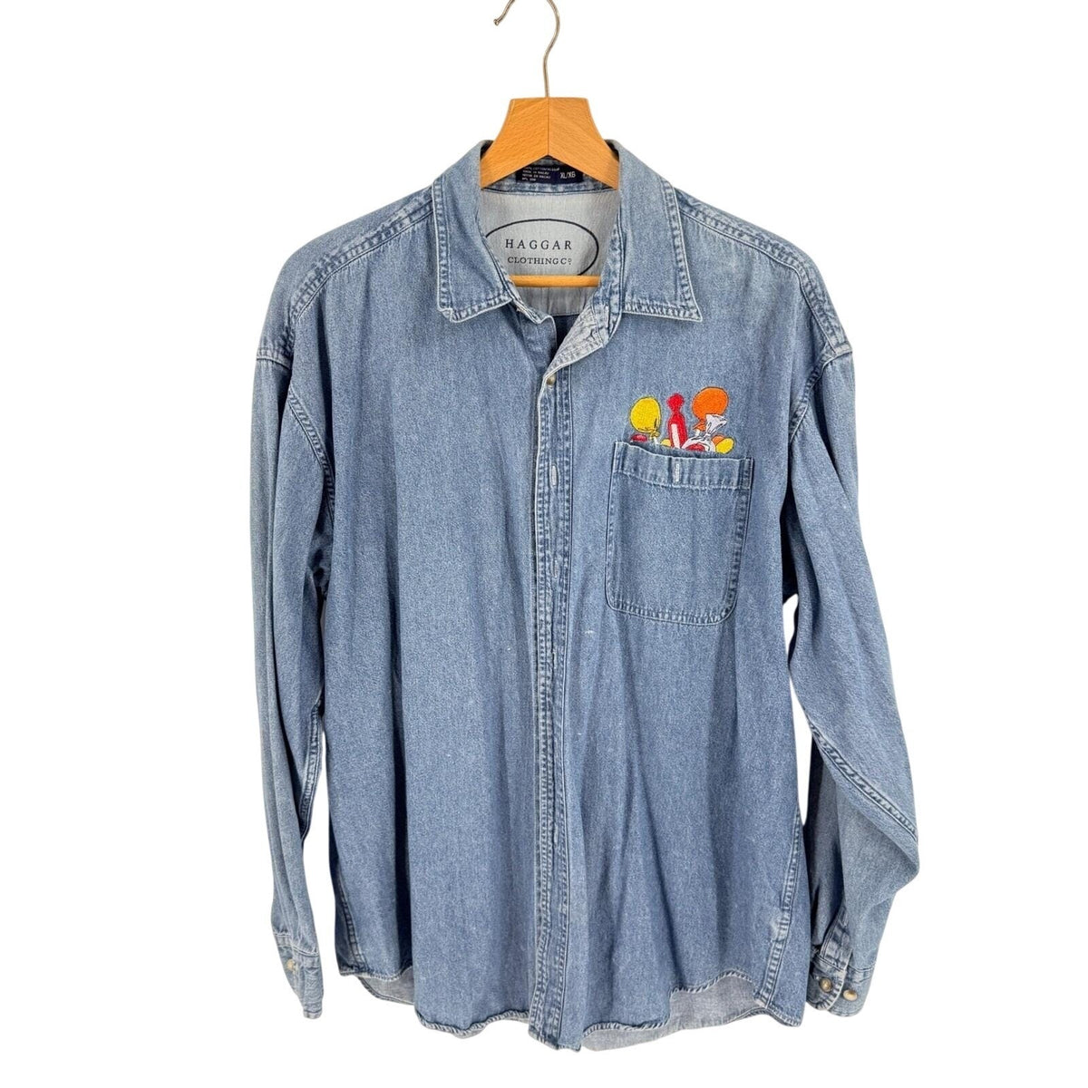 Vintage 90s Haggar Denim Shirt Embroidered Candy Chambray Blue XL Halloween