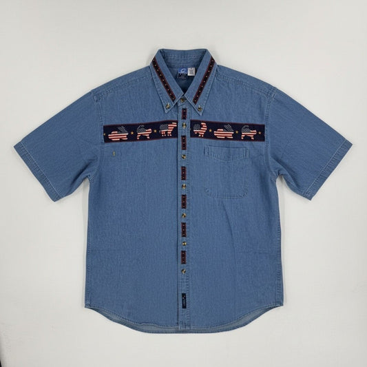 Vintage‎ Port & Company Americana Flag Trim Chambray Button Down Shirt Size M