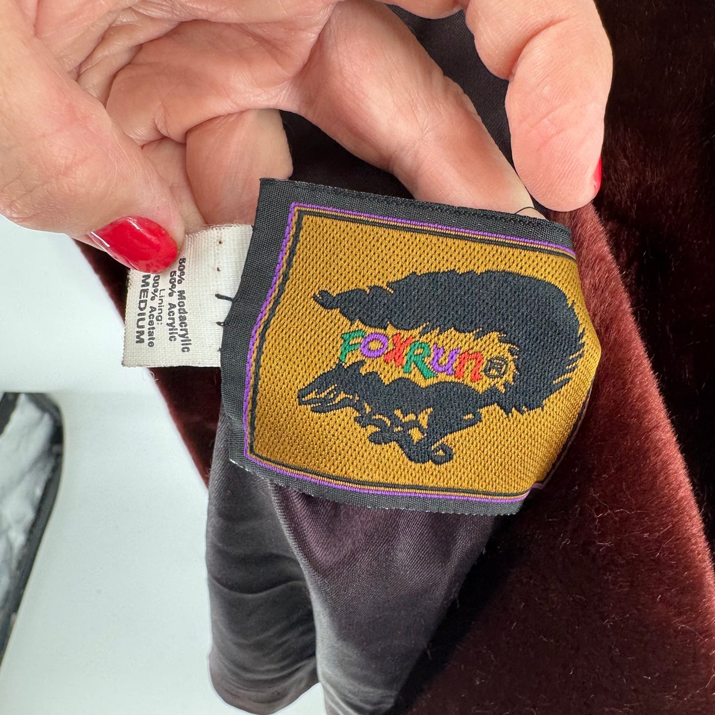 Vintage Foxrun Faux Fur Coat Made in USA Burgundy Plush Winter Jacket Size M